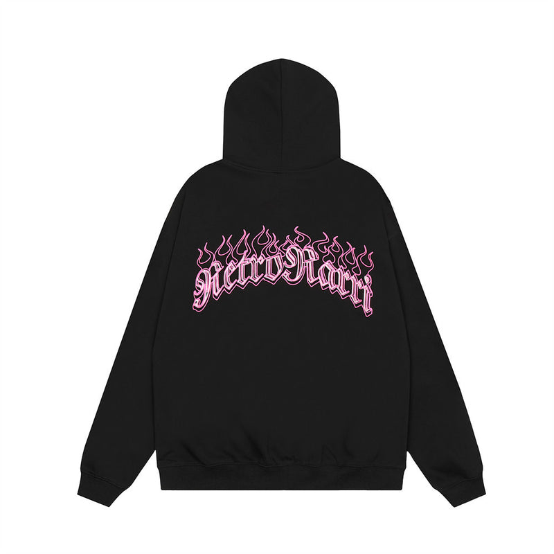 Men Hoodie Flame Letter Embroidered Hooded Coat Masked Zipper Cardigan Sweater