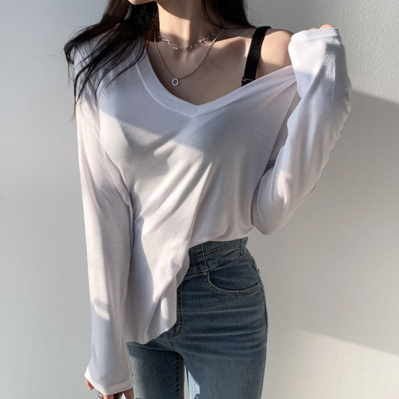 Women Long Sleeve Shirt Loose V-neck Bottoming Shirt Spring and Autumn