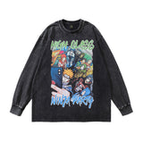 Men Long Sleeve Shirt Cartoon Anime Print Distressed Long Sleeve T-shirt for Men and Women