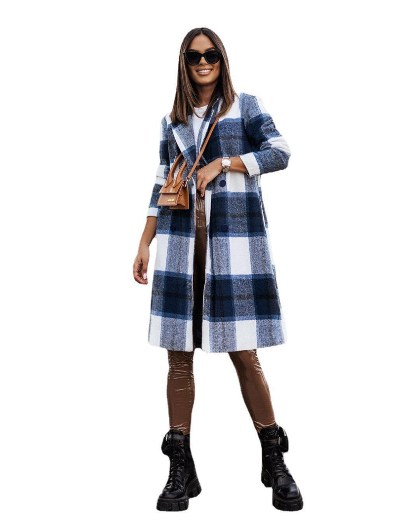 Plaid Trench Coat Fall Winter Fashion Brushed Mid-Length Plaid Wool Coat Women