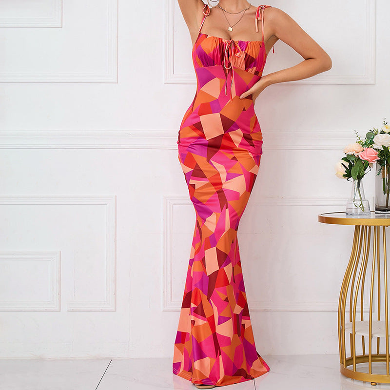 Women Dresses Summer Sexy Backless Tied Spaghetti-Strap Long Dress