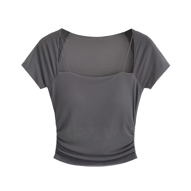 Women T-Shirt Stitching Mesh Short Sleeve T-shirt Women's Short Top