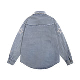 Men Long Sleeved T Shirt Five-Pointed Star Embroidered Denim Long Sleeve Shirt Men's Spring and Autumn Washed and Worn Denim Jacket
