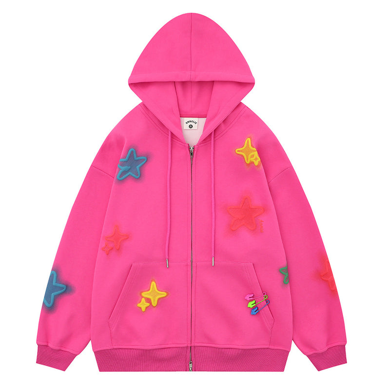 Men Hoodie Five-Pointed Star Puff Print Hooded Jacket Two-Way Zipper Cardigan Sweater