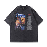 Men T Shirt Hip Hop Retro Rap Print Distressed Short Sleeve T-shirt for Men and Women