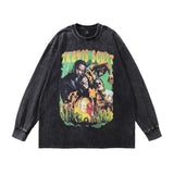 Men Long Sleeve Shirt Ukiyo-E Vintage Washed Vintage Long Sleeve T-shirt for Men and Women