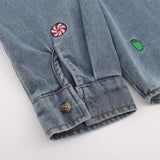 Men Long Sleeved T Shirt Cartoon Embroidered Washed Denim Shirt Coat Spring and Autumn Loose Long Sleeve Shirt