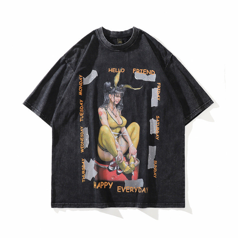 Men T Shirt Vintage Print Short Sleeves Men's and Women's Fashion Brand T-shirt Loose round Neck