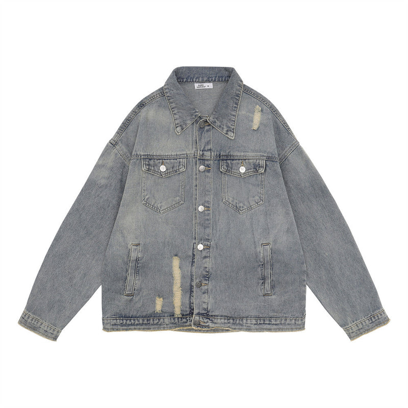 Men Denim Jacket Washed and Worn Denim Jacket Men's Loose Hole Denim Jacket