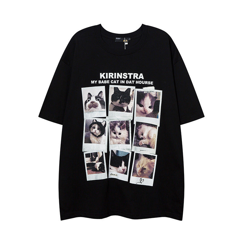 Men T Shirt Kitten Print Short Sleeve T-shirt Hip-Hop Street Loose