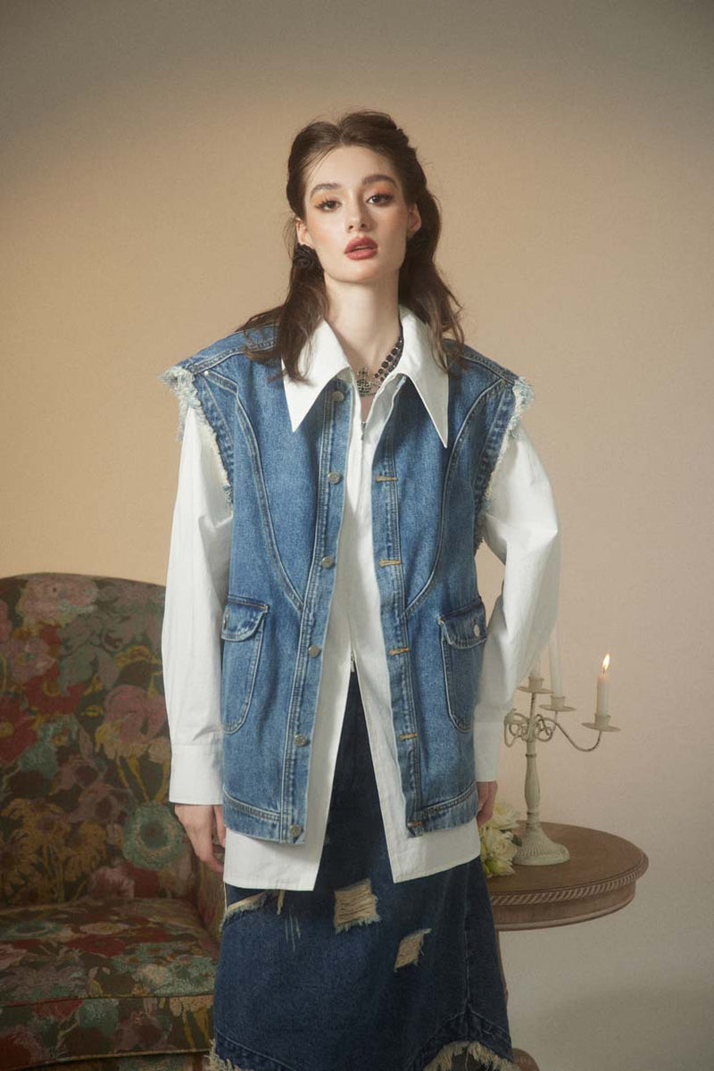 Unisex Jacket Fall Raw Edge Denim Women's Vests