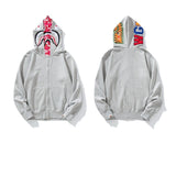Bathing Ape Hoodie Shark Double Hat Embroidered Zip Sweater Casual Loose Hooded Jacket