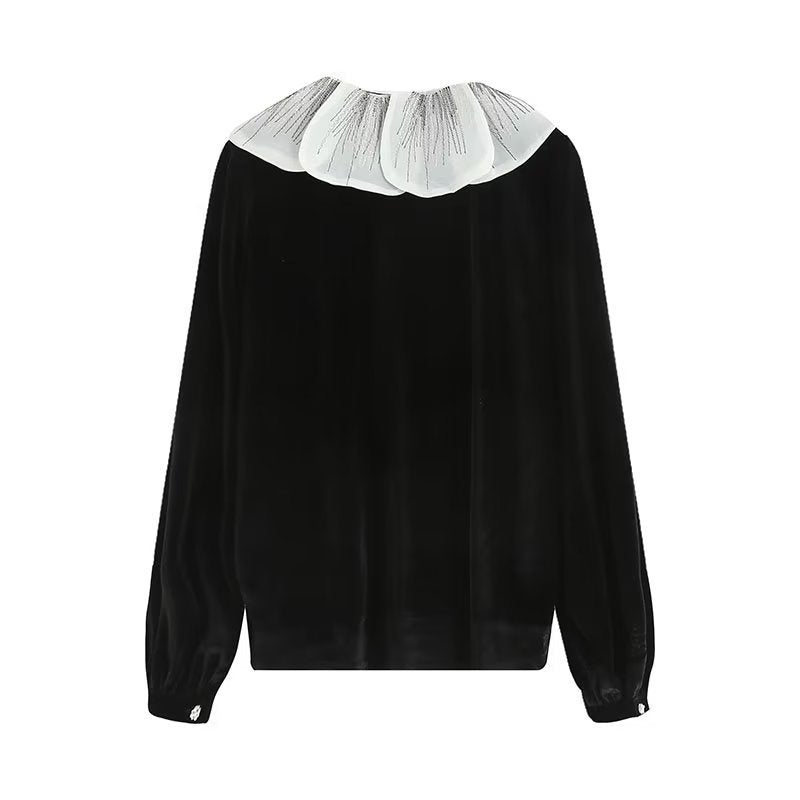Women T-shirt Vintage Velvet Shirt Women Early Autumn Lace V-neck