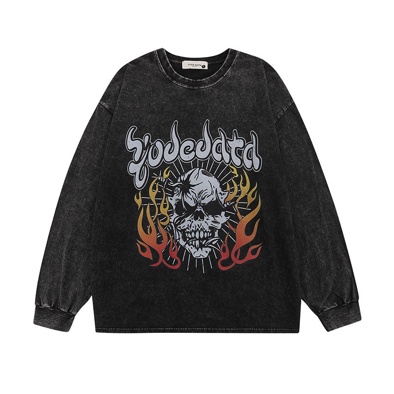 Men Long Sleeve Shirt Skull Washed Long Sleeve T-shirt Men and Women Retro