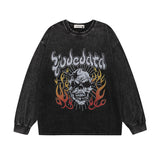 Men Long Sleeve Shirt Skull Washed Long Sleeve T-shirt Men and Women Retro