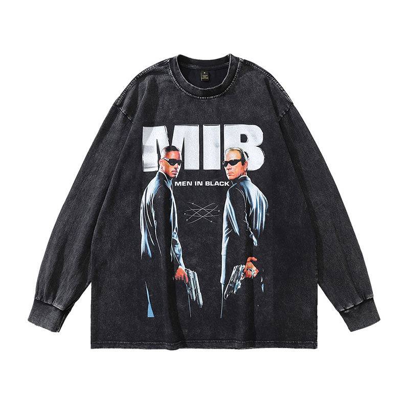 Men Long Sleeve Shirt Washed Long Sleeve T-shirt Men and Women Distressed All-Matching