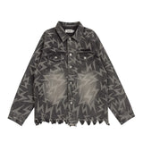 Men Denim Jacket Lightning Printed Jacket Coat Washed Distressed Denim Jacket