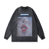 Men Long Sleeve Shirt Dark Retro Washed Long Sleeve T-shirt Men Hip Hop