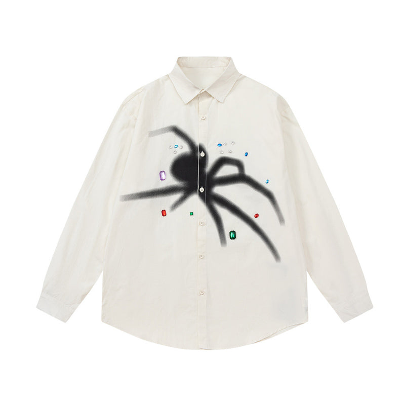 Men Long Sleeved T Shirt Dark Style Spider Print Long Sleeve Shirt Men's High Street Hot Drilling Spring and Autumn Coat