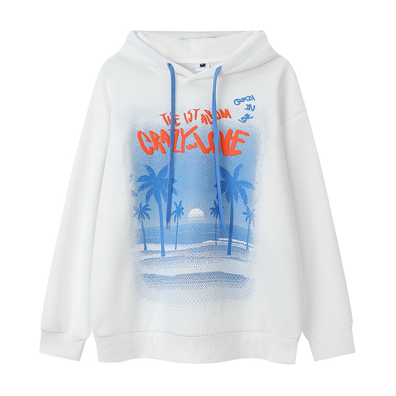 Men Hoodie Fall/Winter Hoodie Men's Hawaiian Coconut Tree Printed Casual Long Sleeve Pullover Hoodie
