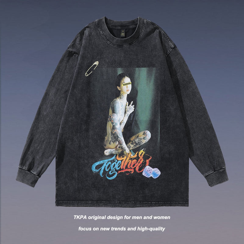 Men Long Sleeve Shirt Printed Washed and Worn Long Sleeve T-shirt for Men and Women
