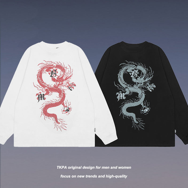 Men Long Sleeve Shirt Blue Dragon Printed Long Sleeve Bottoming T-shirt Men and Women Basic All-Matching Casual