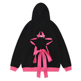Men Hoodie Two-Way Zipper Hooded Jacket Five-Pointed Star Rope Bow Bandage Sweater