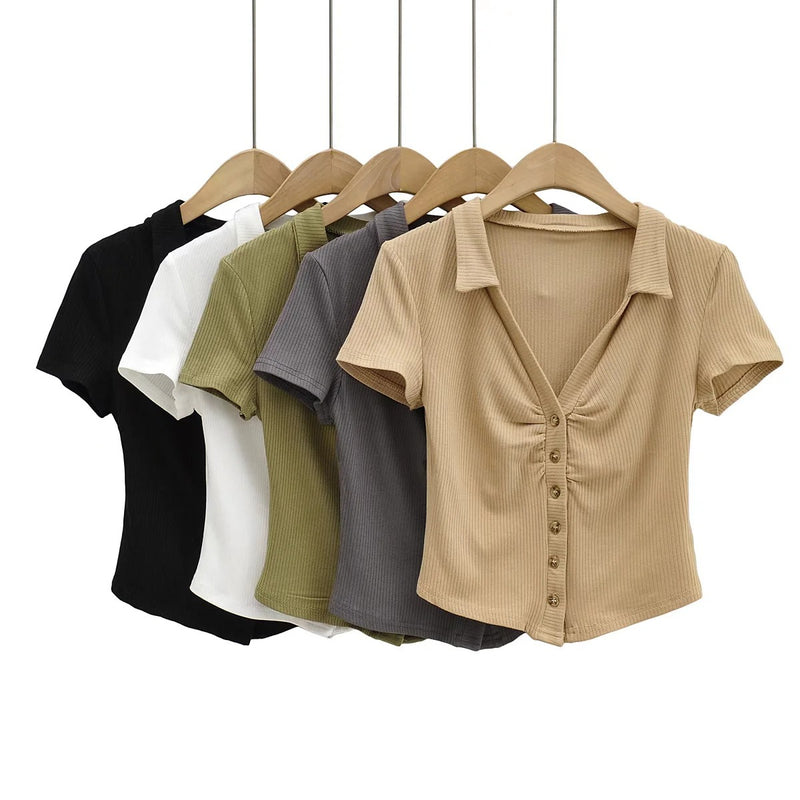 Women T-shirt Fashion Polo Collar Button Short Sleeve T-shirt