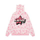 Men Hoodie Animal Horse Printed Sweater Five-Pointed Star Embroidered Cat Ears Hooded Top
