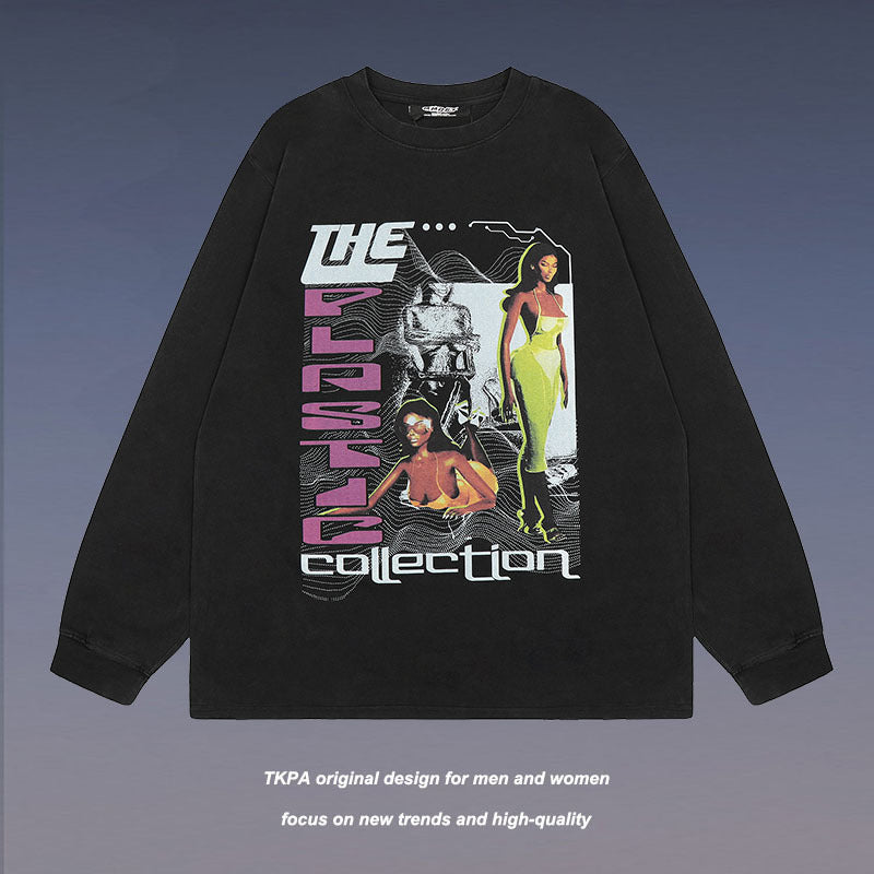 Men Long Sleeve Shirt Washed Long Sleeve Bottoming T-shirt Men and Women Ins