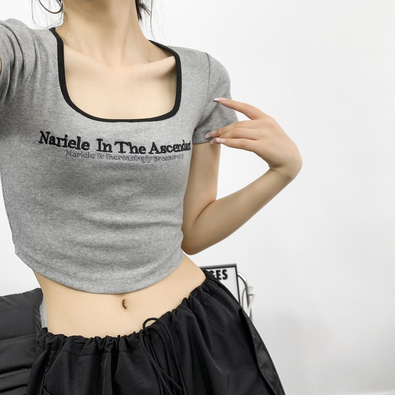 Women T-Shirt Embroidered Pattern Slim-Fit Top Slimming Short-Sleeved T-shirt