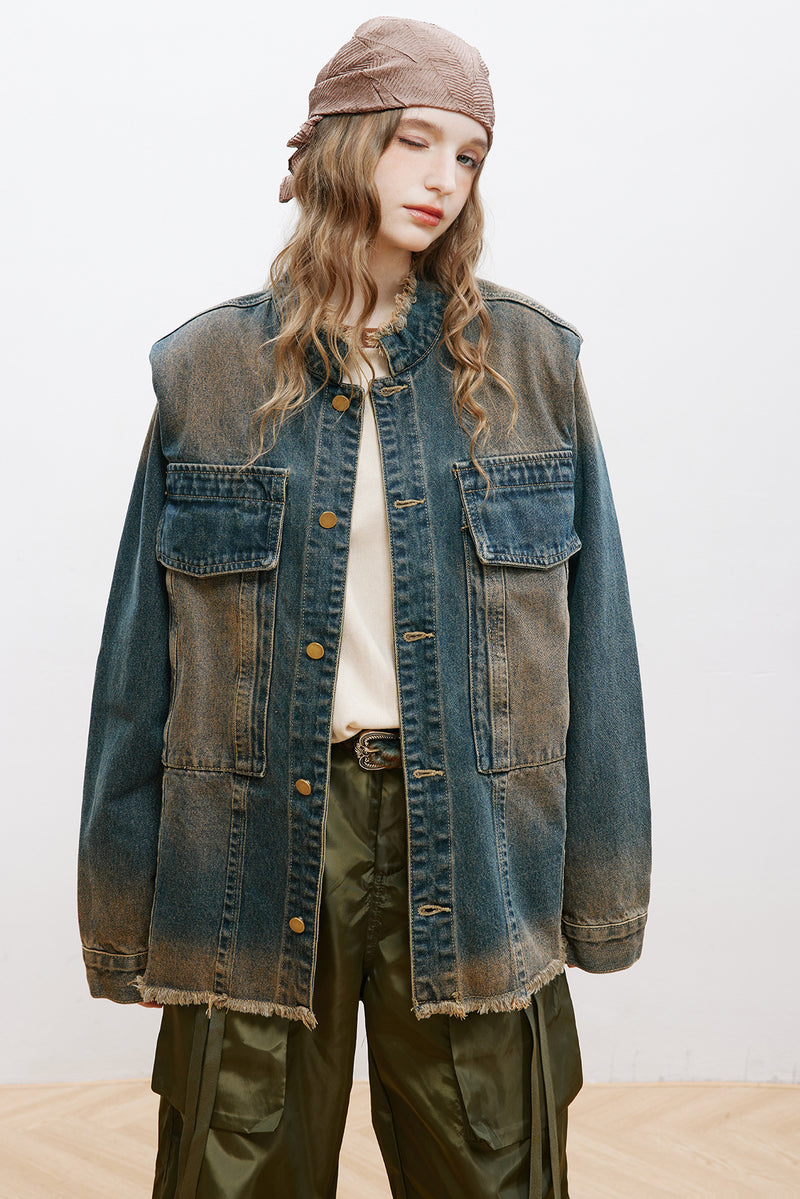 Unisex Jacket Autumn Ruffled Stand Collar Denim Jacket Women's Clothing