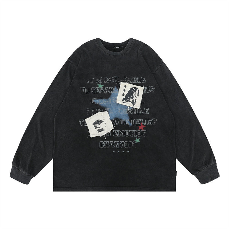 Men Hoodie Letter Print Patch Decoration round Neck Sweater