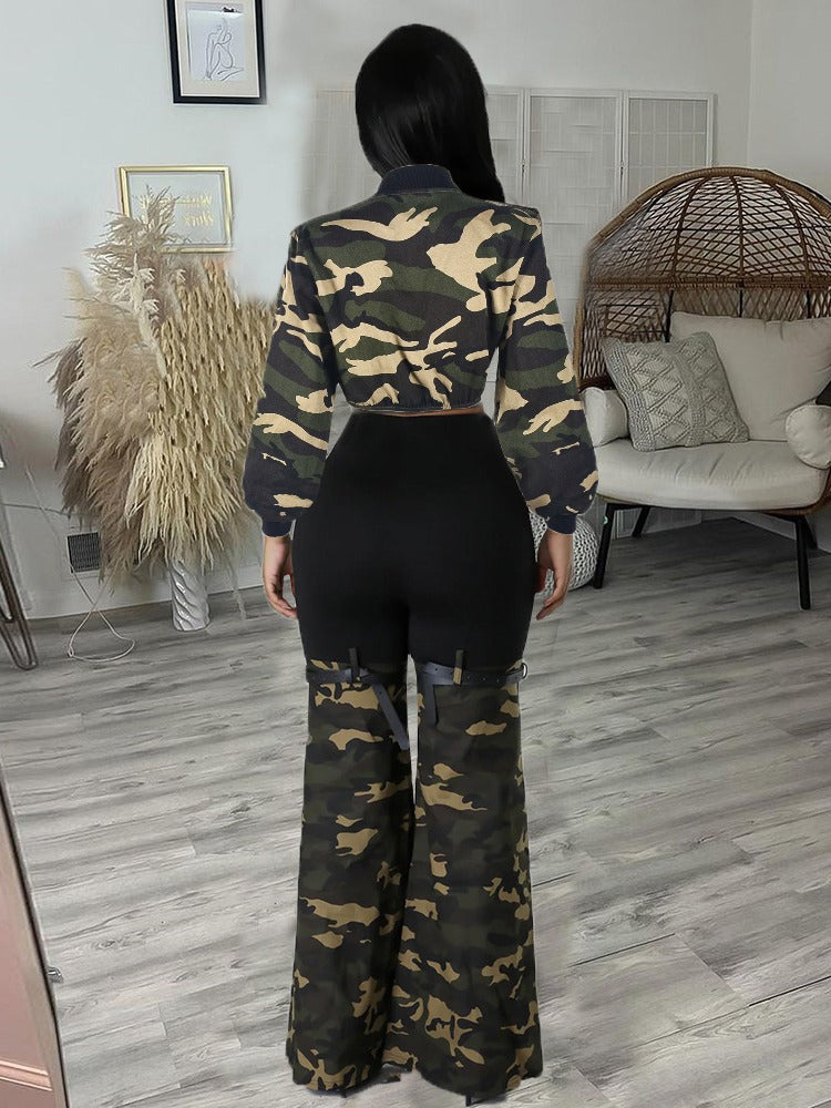 Women Co-Ord Set Camouflage Long-Sleeve Suit Denim Belt Trousers Suit