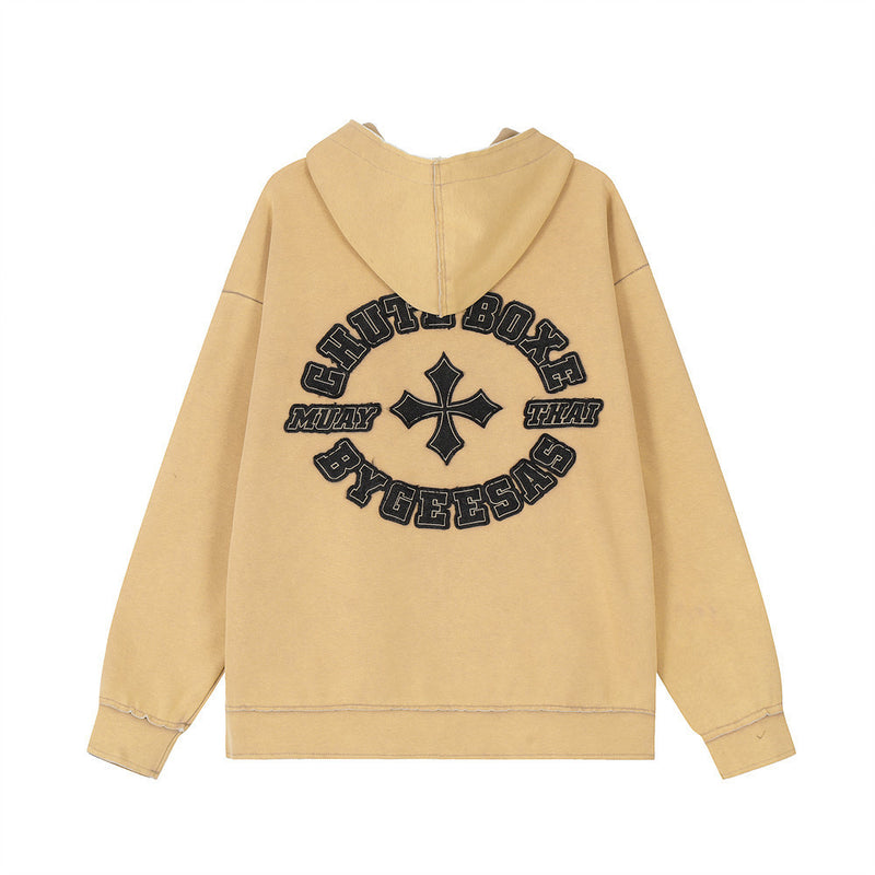 Men Hoodie Cross Paste Cloth Embroidery Hooded Jacket