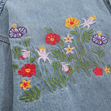 Men Long Sleeved T Shirt Denim Long Sleeve Shirt Men Spring and Autumn Floral Embroidery Washed Faded Baggy Coat