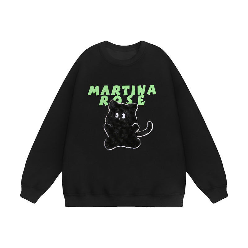 Men Hoodie Flocking Embroidered Kitten round Neck Sweater