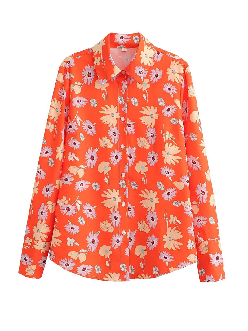 Women T-Shirt Summer Women's Orange Long Sleeve Printed Shirt