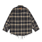 Men Long Sleeved T Shirt Spring and Autumn Lattice Long Sleeve Shirt Coat Vintage Cat Raw-Cut Edges Loose Shirt