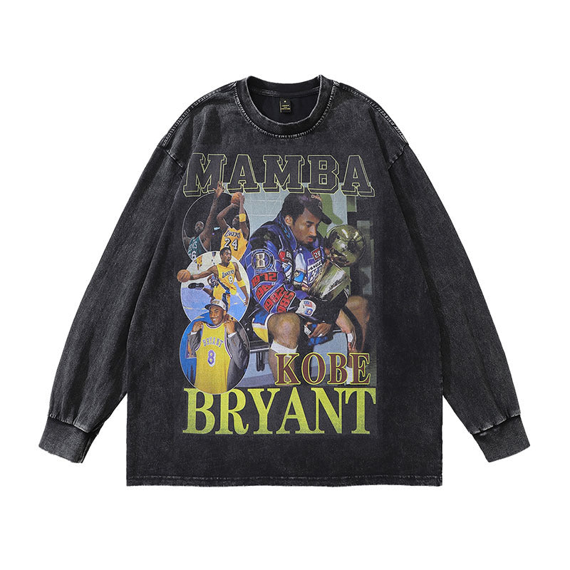 Men Long Sleeve Shirt Portrait Washed Distressed Long Sleeve T-shirt Men and Women Street