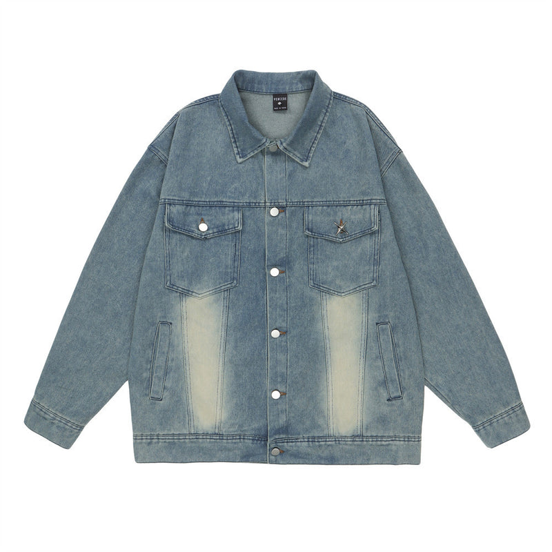Men Denim Jacket Denim Jacket Men's Spring and Autumn Washed-out Vintage Loose Lapels Jacket