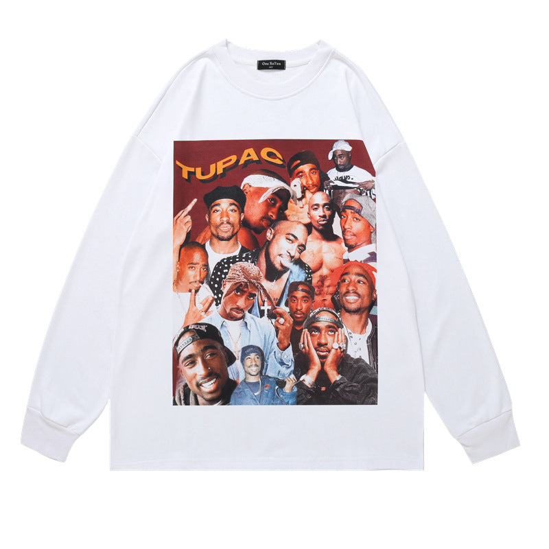 Men Long Sleeve Shirt Tupac Floral Print Long Sleeve Pullover Men and Women Loose Top