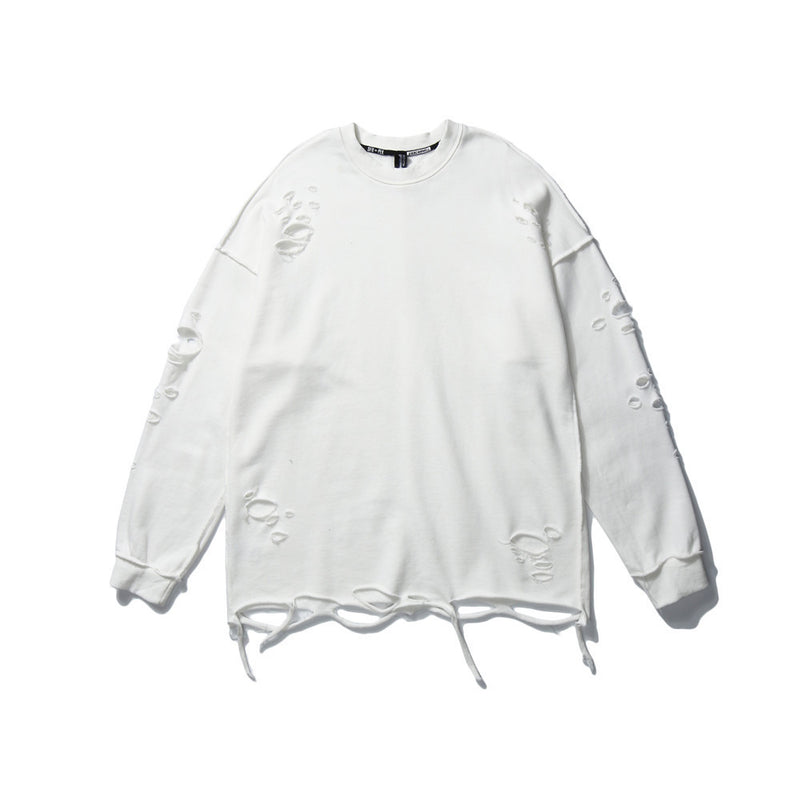 Men Hoodie Vibe Style Solid Color Simple Ripped Sweater Long Sleeve Loose round Neck Pullover Bottoming Shirt
