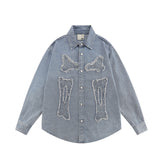 Men Long Sleeve T Shirt Embroidered Denim Shirt Jacket Men's Loose Wash Long Sleeve Denim