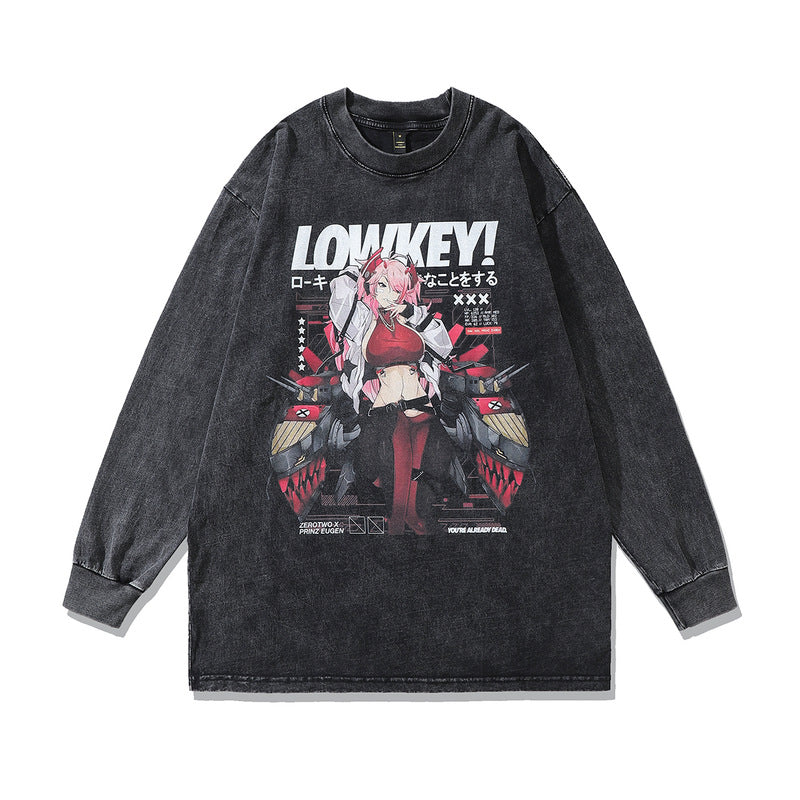 Men Long Sleeve Shirt Tkpa Harajuku Street Washed and Worn Long Sleeve T-shirt High Street Two-Dimensional Dark Anime Base Hoodie Men and Women Fashion
