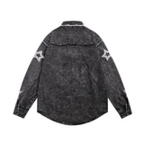 Men Long Sleeved T Shirt Five-Pointed Star Embroidered Denim Long Sleeve Shirt Men's Spring and Autumn Washed and Worn Denim Jacket
