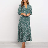 Jungle Print Maxi Dress Vintage Long Sleeve Button High Waist Dress