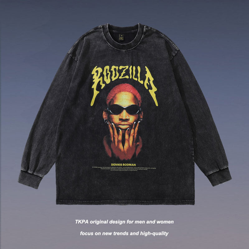 Men Long Sleeve Shirt Washed Old Portrait Loose Long Sleeve T-shirt Men and Women Black
