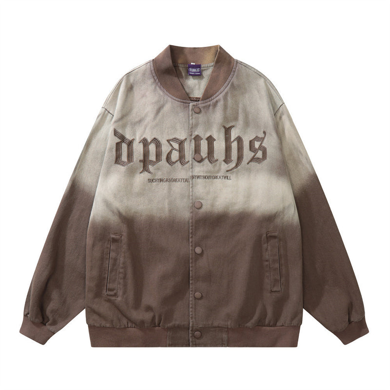 Men Denim Jacket Gradient Embroidered Letter Denim Jacket Loose-Fitting Jacket Top