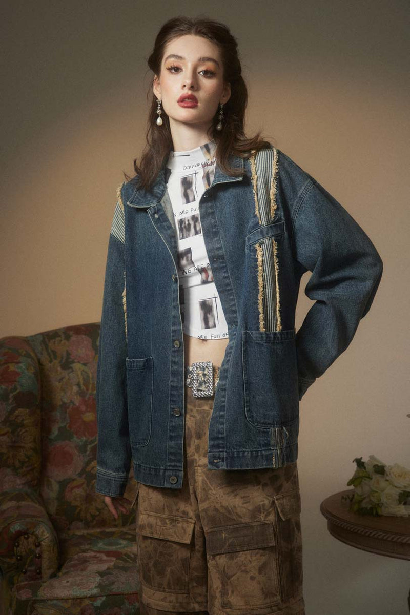 Unisex Jacket Autumn Contrast Color Denim Coat Women's Clothing